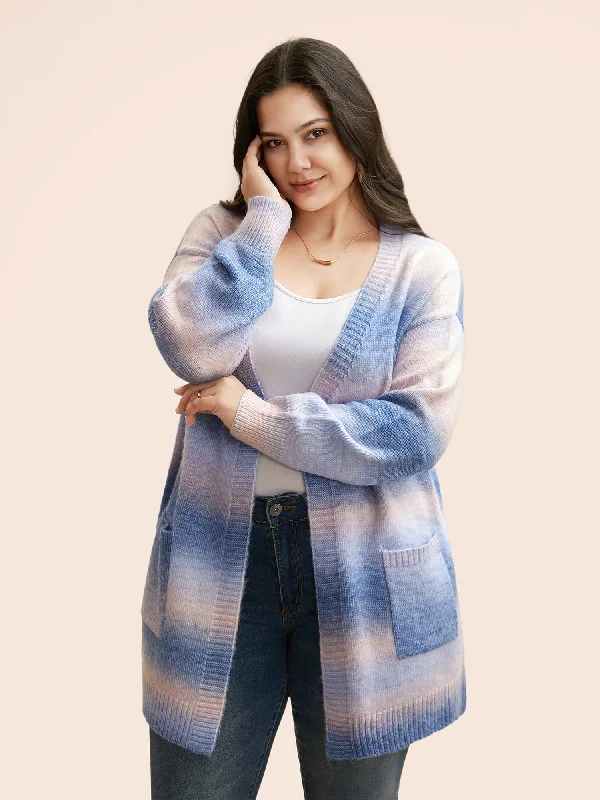 Everyday Glamour Ombre Kimono Collar Patched Pocket Cardigan