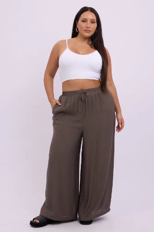 Romantic Flair Brown Tie Waist Textured Pants