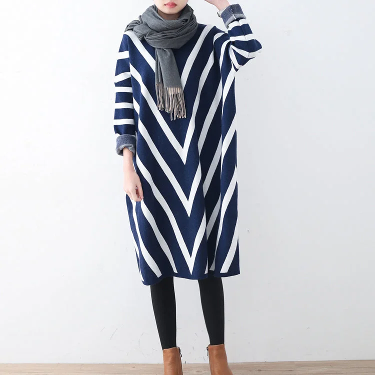 Quick Grab Deals Cozy blue striped sweater dress plus size clothing fall dresses Elegant unique pullover long sleeve