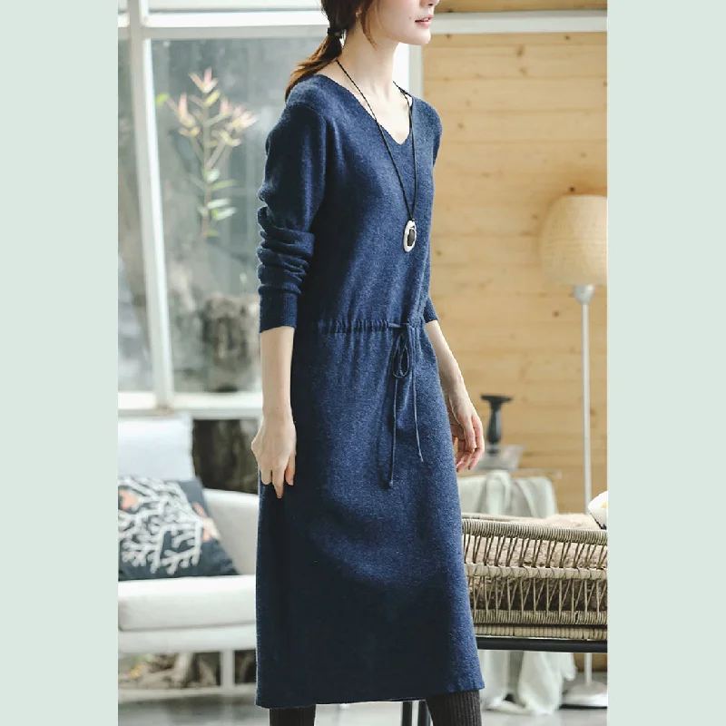 Trending Items warm blue knit dresses fall fashion V neck long knit sweaters casual drawstring pullover sweater