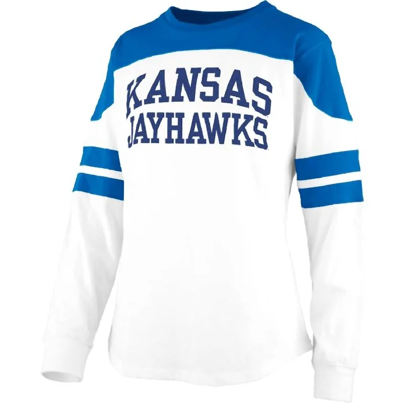 Coastal Beach - Inspired Style Women's University Of Kansas Half-Back Top In White/blue