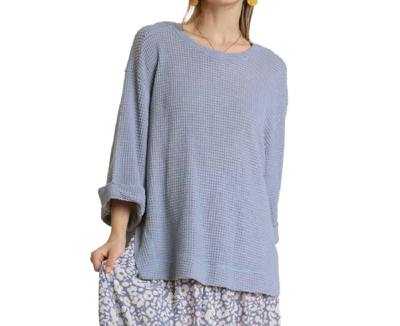 Mega Sales Waffle Knit 3/4 Sleeve Top In Sky