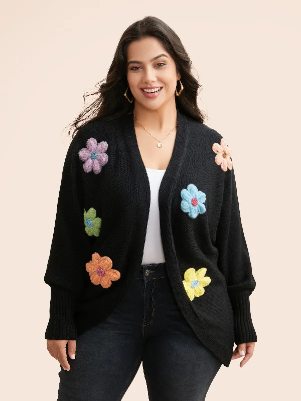 Classic Timeless Elegant Style Stereo Flower Design Drop Shoulder Cardigan