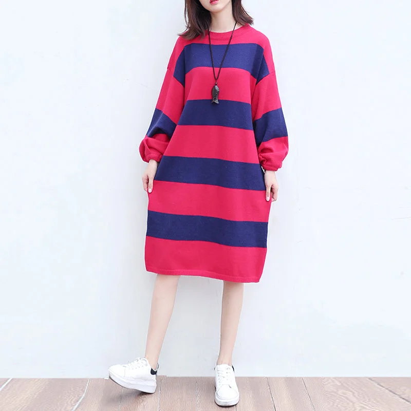 Shop Sales plus size casual woolen knit dresses red blue striped patchwork oversize ling sleeve sweater dress