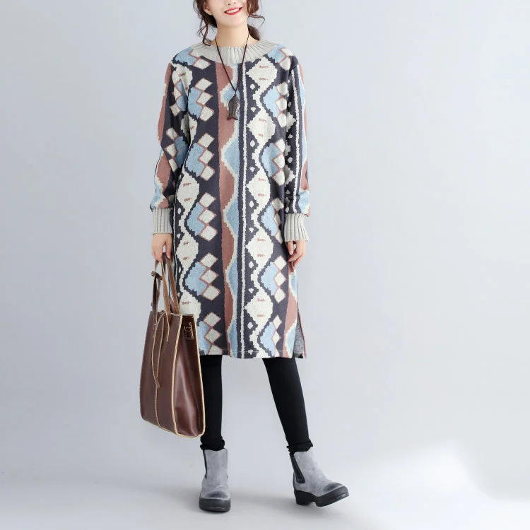 Style Without Limits new khaki prints woolen sweater dresses oversize side open knit dress