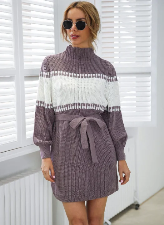 Huge Price Cut TastyHottie - Knitted semi-turtleneck lantern sleeve color matching sweater skirt