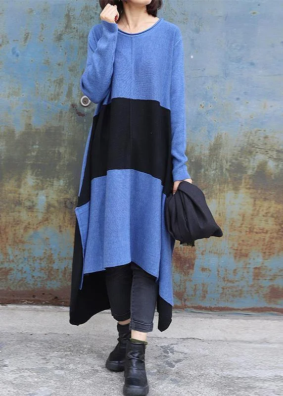 Celebrate With Big Savings Knitted blue Sweater dress outfit DIY side open baggy low high design knit dress