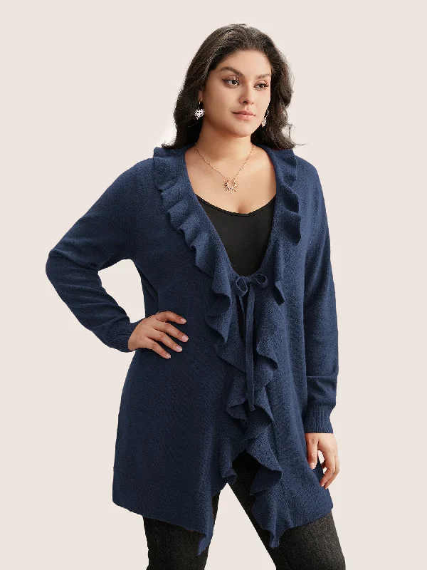 Special Occasion Wear Supersoft Essentials Solid Ruffle Trim Ties Cardigan