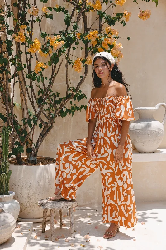 Last Chance Sale Solange Rust Orange Abstract Puff Sleeve Jumpsuit