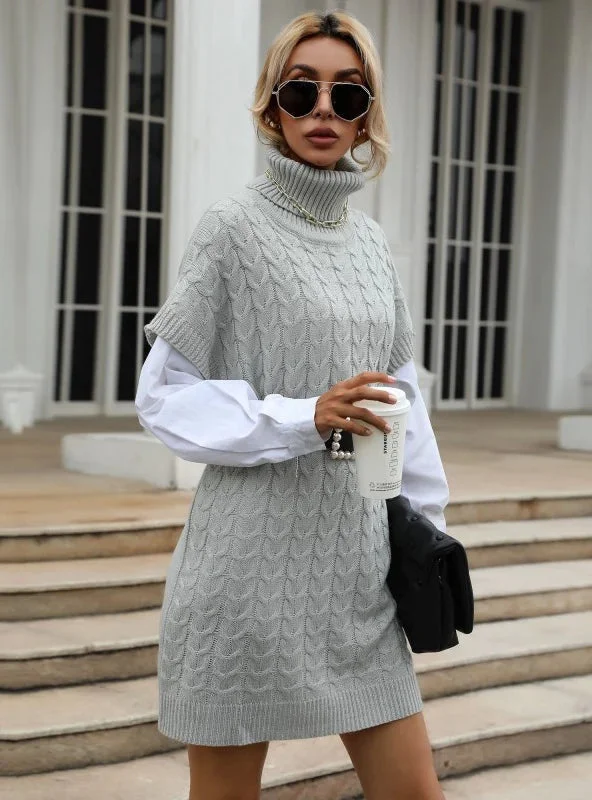 Additional Time-Limited Offers TastyHottie - FASHION SOLID COLOR TWIST KNITTED TURTLENECK VEST SWEATER DRESS