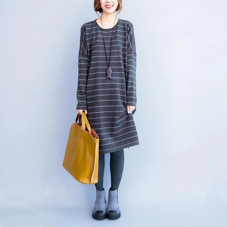 Shop Sale Items oversize gray striped knit dresses plus size women long sleeve sweater dress side open