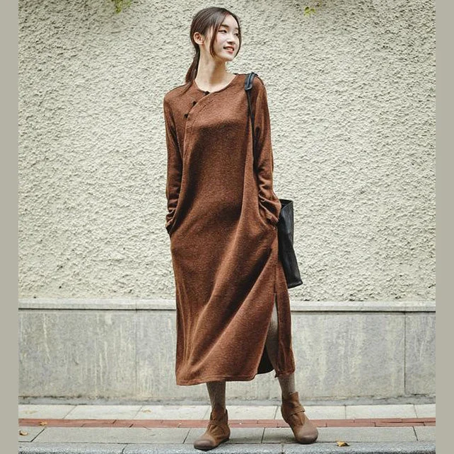 Fashion Essentials New Loose Brown Knitted Maxi Dresses Women Casual Clothes