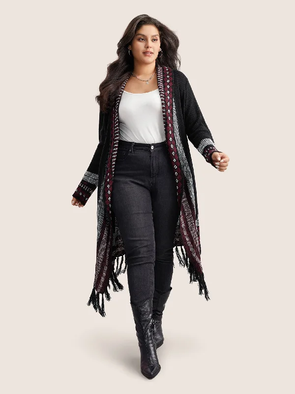 Mid - Season Sale Bandana Print Fringe Trim Maxi Cardigan