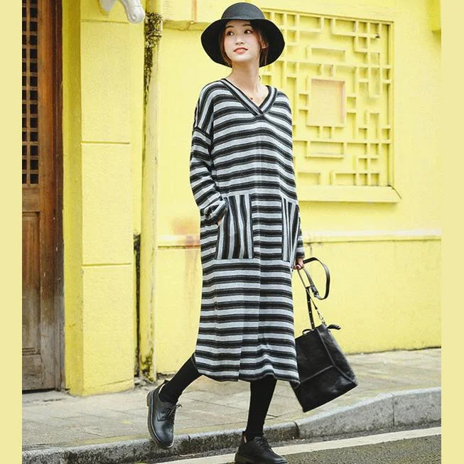 Casual Chic Women Fashion Gray Striped Loose Sweater Dresses For Winter