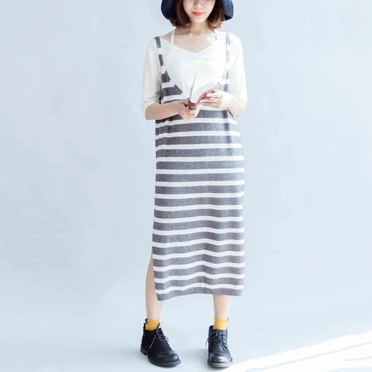 Brand Name Clothing Discount Extravaganza 2024 new fashion gray white striped sweater sleeveless dresses loose  casual dress side open