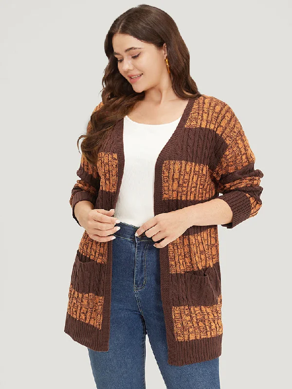 Clearance Event Halloween Colorblock Cable Knit Patched Pocket Cardigan