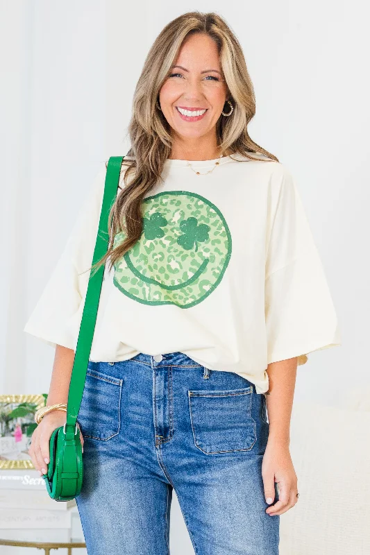 Feminine Charm Lucky Smile Boyfriend Tee, Ivory