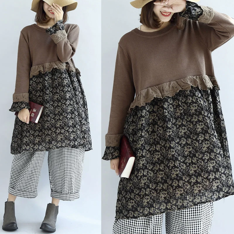 Odd Size Clearance Sale Chocolate vintage floral patchwork sweater dresses knit pullover shift dress