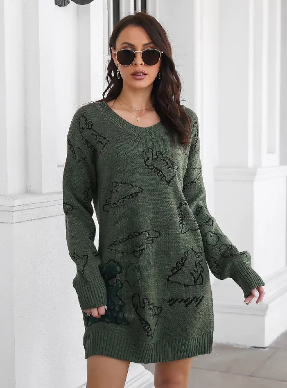 Seasonal Clearance TastyHottie - DINOSAUR JACQUARD V-NECK LONG SLEEVE SWEATER DRESS