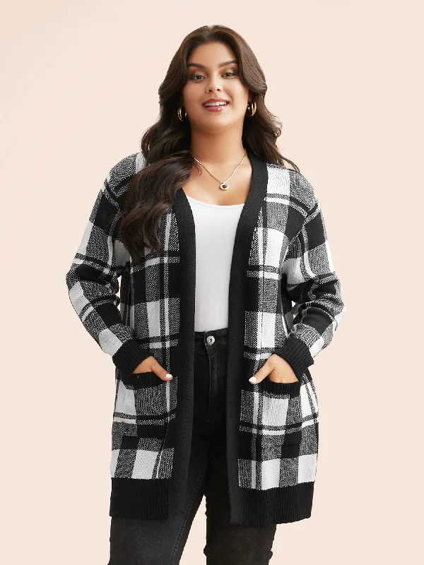 Classic Charm Kimono Collar Plaid Slit Hem Cardigan