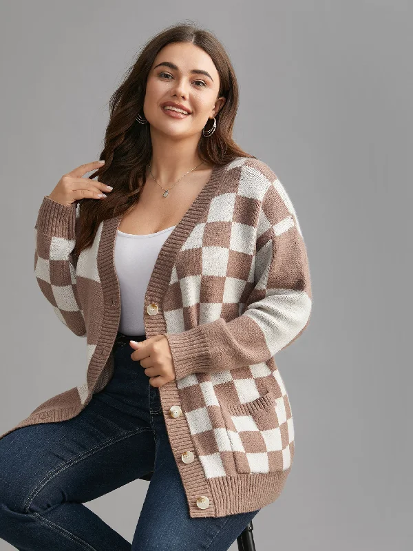 Runway Inspired Wear Checkered V-Neck Button Front Knit Cardigan