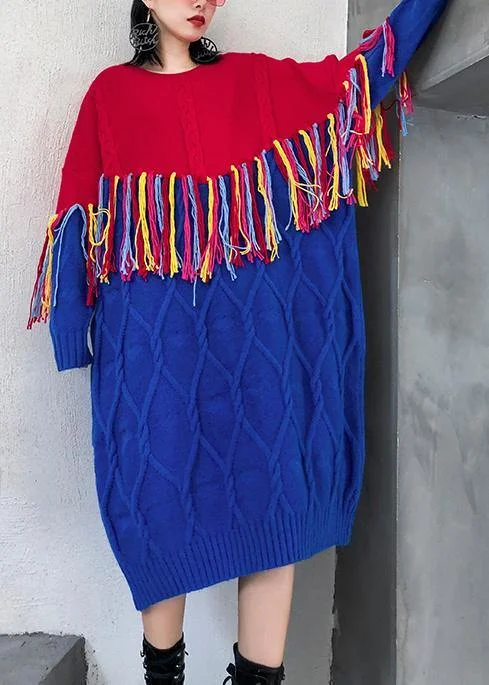 Limited Time Deal Winter o neck tassel Sweater weather Women blue patchwork red Mujer knitwear