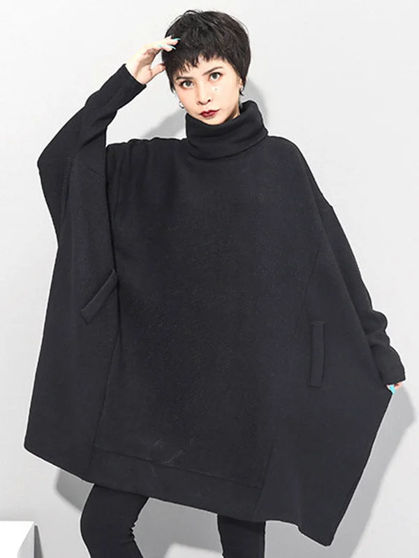 High End Designer Brands Discount Super Loose Black High-Neck Modern Knitting Batwing Sleeves Sweater Dress