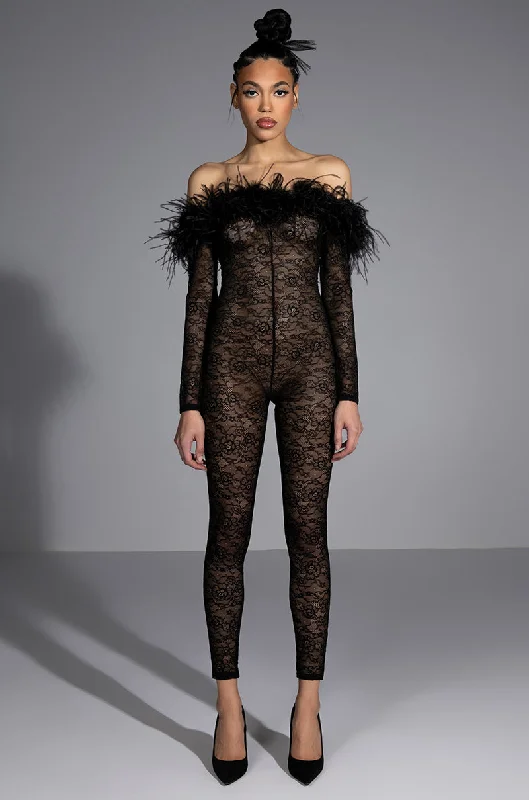 Clearance Sale, All Cheap BIG LOVE LACE JUMPSUIT WITH FEATHER DETAILS