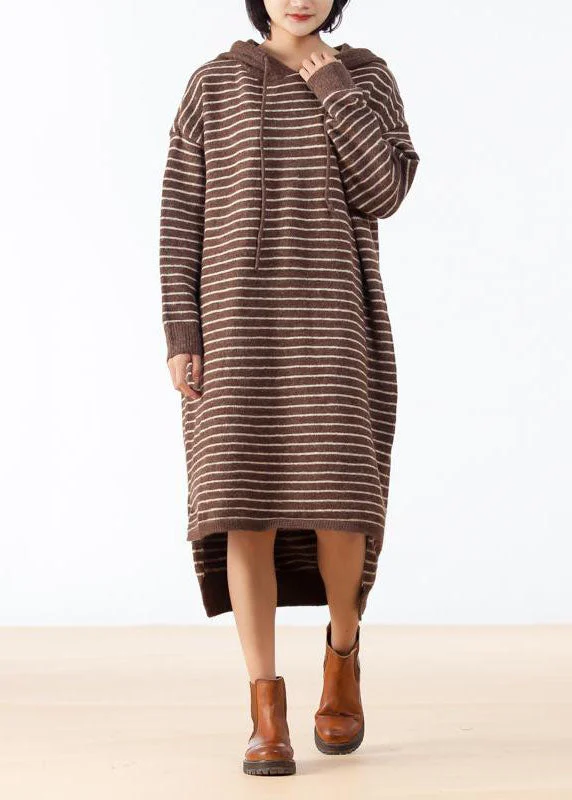 Trend Alert Cozy Sweater weather Largo Chocolate High Low Hem Knit Stripe Loose Dress