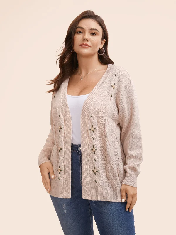 Effortless Style Floral Embroidered Kimono Collar Cable Knit Cardigan