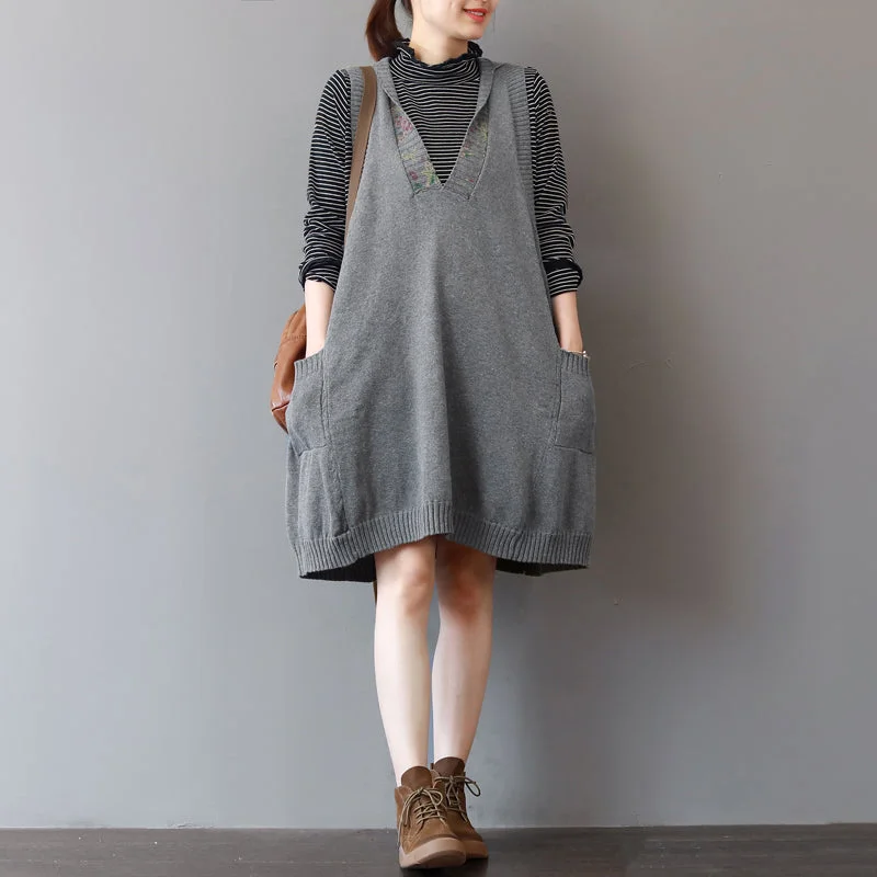 Limited Stock cozy green sweater dress trendy plus size sleeveless pullover sweater casual hooded dress