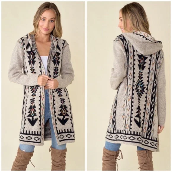 Trendy Clothing Sale Oatmeal Aztec Rainbow Western Hooded Knit Cardigan Long Sleeve Open Sweater