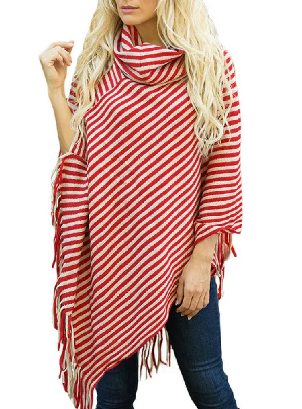 Best Deals Of The Season TastyHottie - OBLIQUE STRIPED HIGH NECKED FRINGED CAPE SHAWL SWEATER