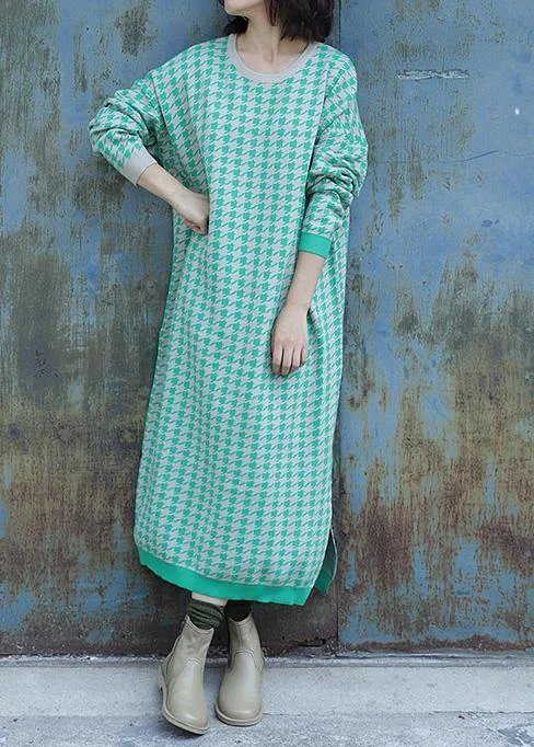 Summer Splash Sale Oversized side open Sweater o neck Wardrobes Largo green plaid baggy knit dresses