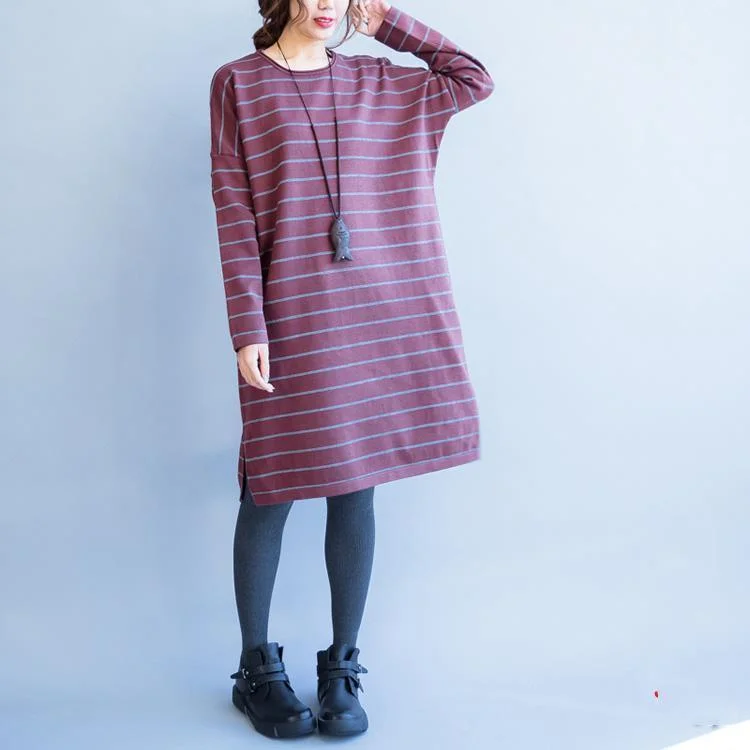 Massive Selection Sale autumn new red striped woolen blended sweater dresses loose casual o neck knit sweater dress