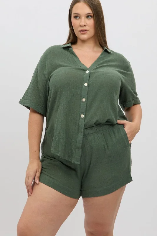 Classic Charm Green Elastic Waist Pull On Cotton Shorts