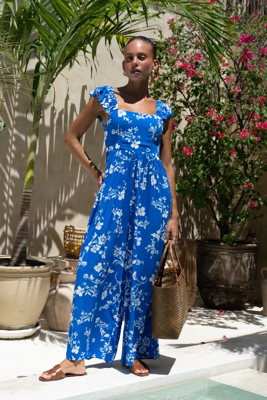 The Latest Trends Lunaria Blue Floral Ruffle Jumpsuit