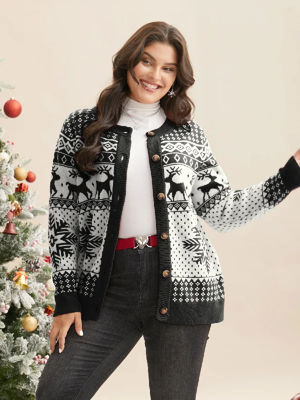 Casual Weekend Relaxed Style Reindeer And Snow Pattern Button-Front Cardigan