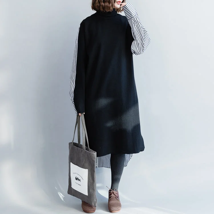 Seasonal Trends Loose cotton Robes Soft Surroundings high neck Batwing Sleeve Shirts black Art Dresses