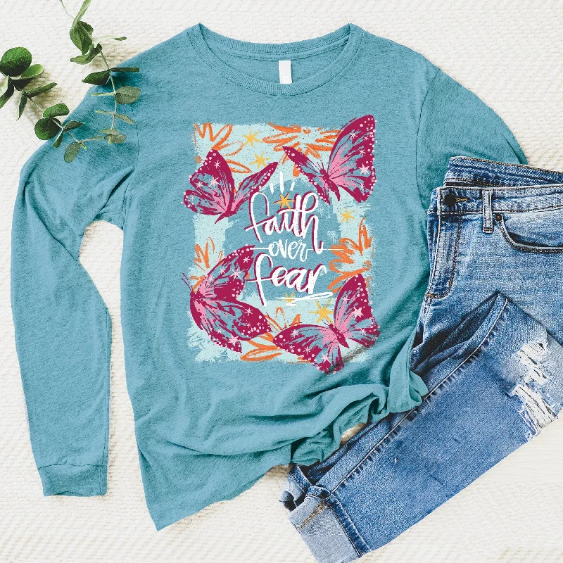 Casual Weekend Relaxed Style Faith Over Fear Butterflies Long Sleeve