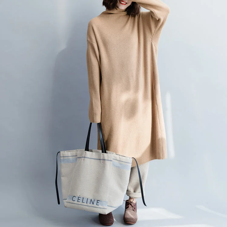 Season Sale Pullover khaki Sweater dress outfit Moda Hipster high neck baggy knit dress