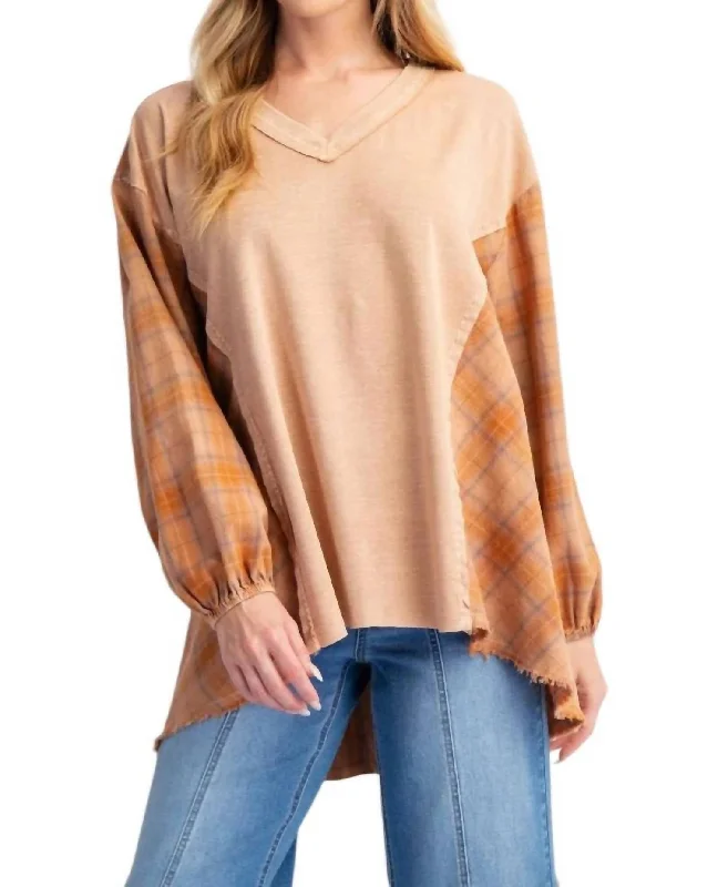 Now On Sale For Chic Urban Styles Say Anything Plaid Mix Tunic Top In Camel