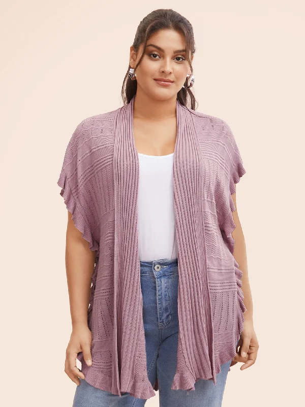 Save On Inspired Styles Plain Textured Patchwork Ruffle Trim Cardigan