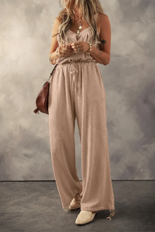 Sleek Design Pale Khaki Knotted Straps Button Textured Drawstring Jumpsuit