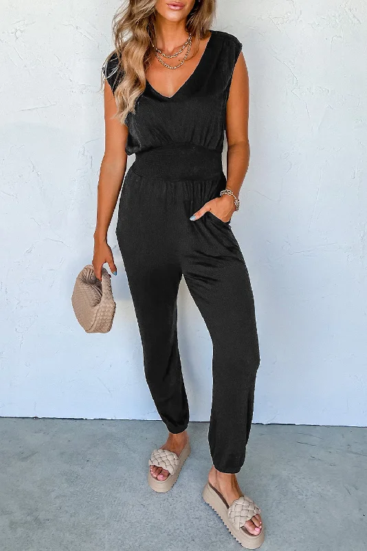 Feminine Flow Shirred High Waist Sleeveless V Neck Jumpsuit