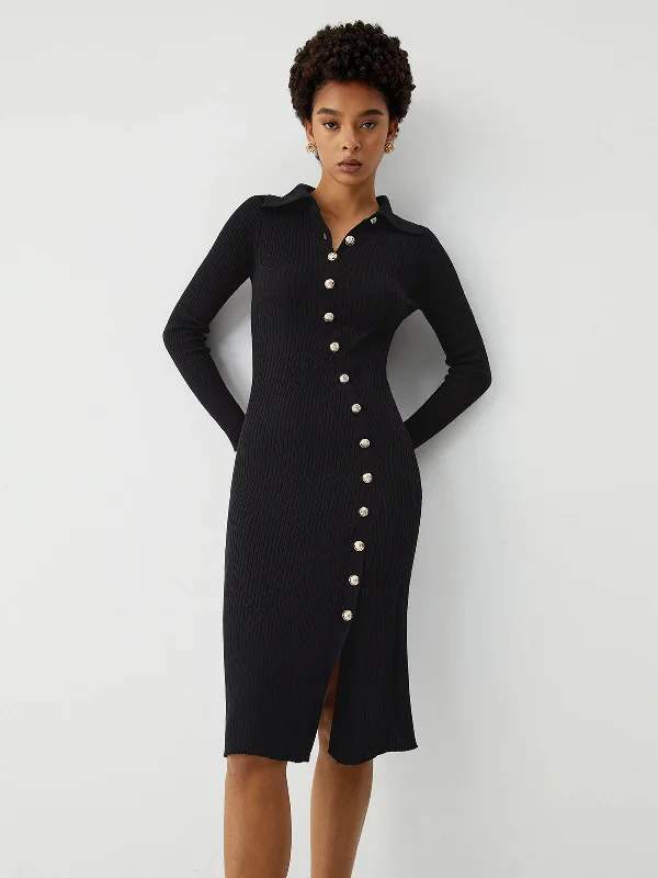 Limited Time Offers Asymmetric Button Down Long Modern Sleeve Midi Sweater Dress