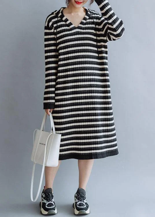 Seasonal Fashion Beautiful black striped cotton quilting dresses hooded Kaftan fall Dress