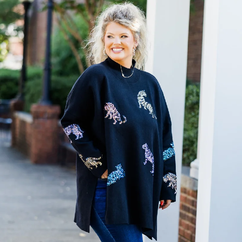 Vintage Charm Mother Of The Jungle Sweater, Black Sequin