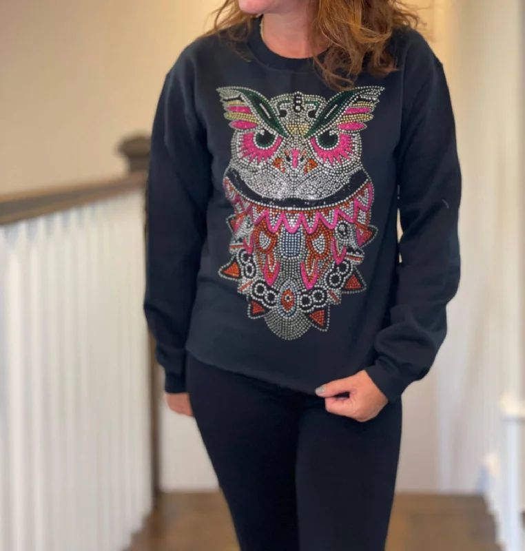 The Latest Fashion Trends Rhinestone Owl Sweatshirt In Black