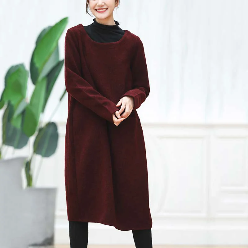 Best Seller warm burgundy knit dresses oversized O neck sweater casual baggy dresses pullover sweater